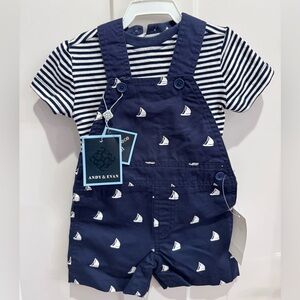 Andy & Evan Blue Striped t-shirt and Sailboat Pattern Overalls. 2 piece set.